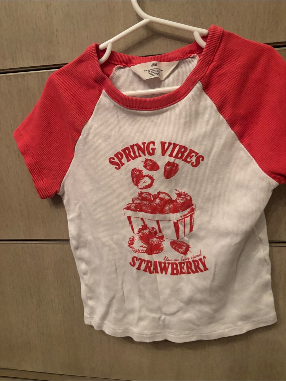 H&M Kids Short Sleeve Raglan Cropped Tee - White & Red Strawberry Graphic